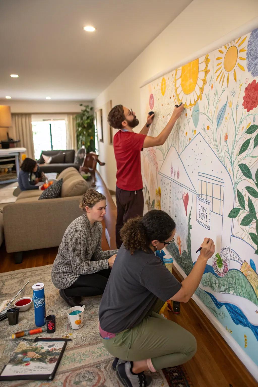 Guests lending their efforts towards a stunning shared painting.