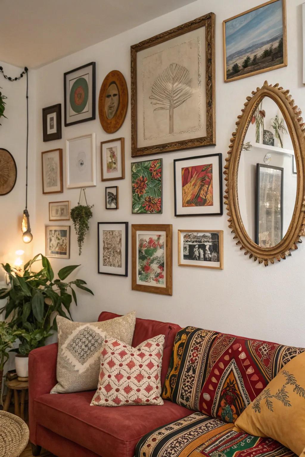 An eclectic art exhibit with assorted designs and frames.