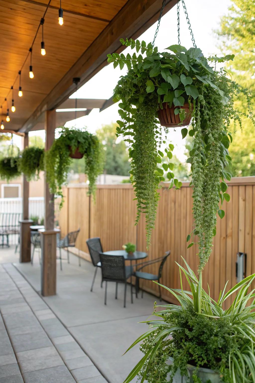 Dangling greenery adds a rich touch to the patio's ambiance.