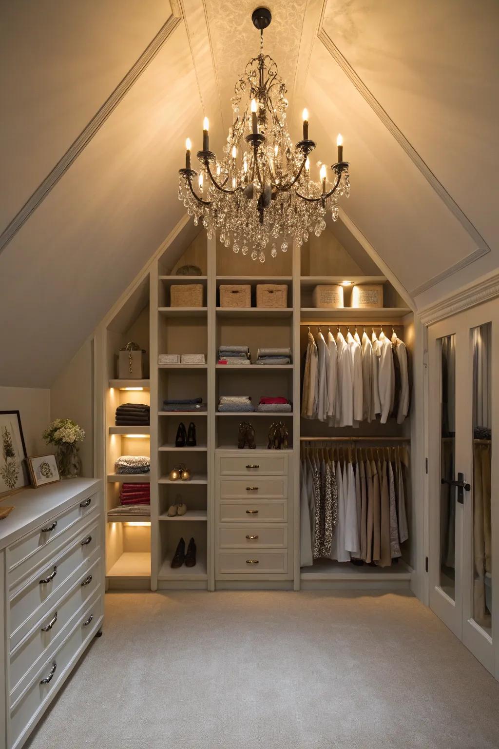 Stylish lighting adds elegance to your attic closet.