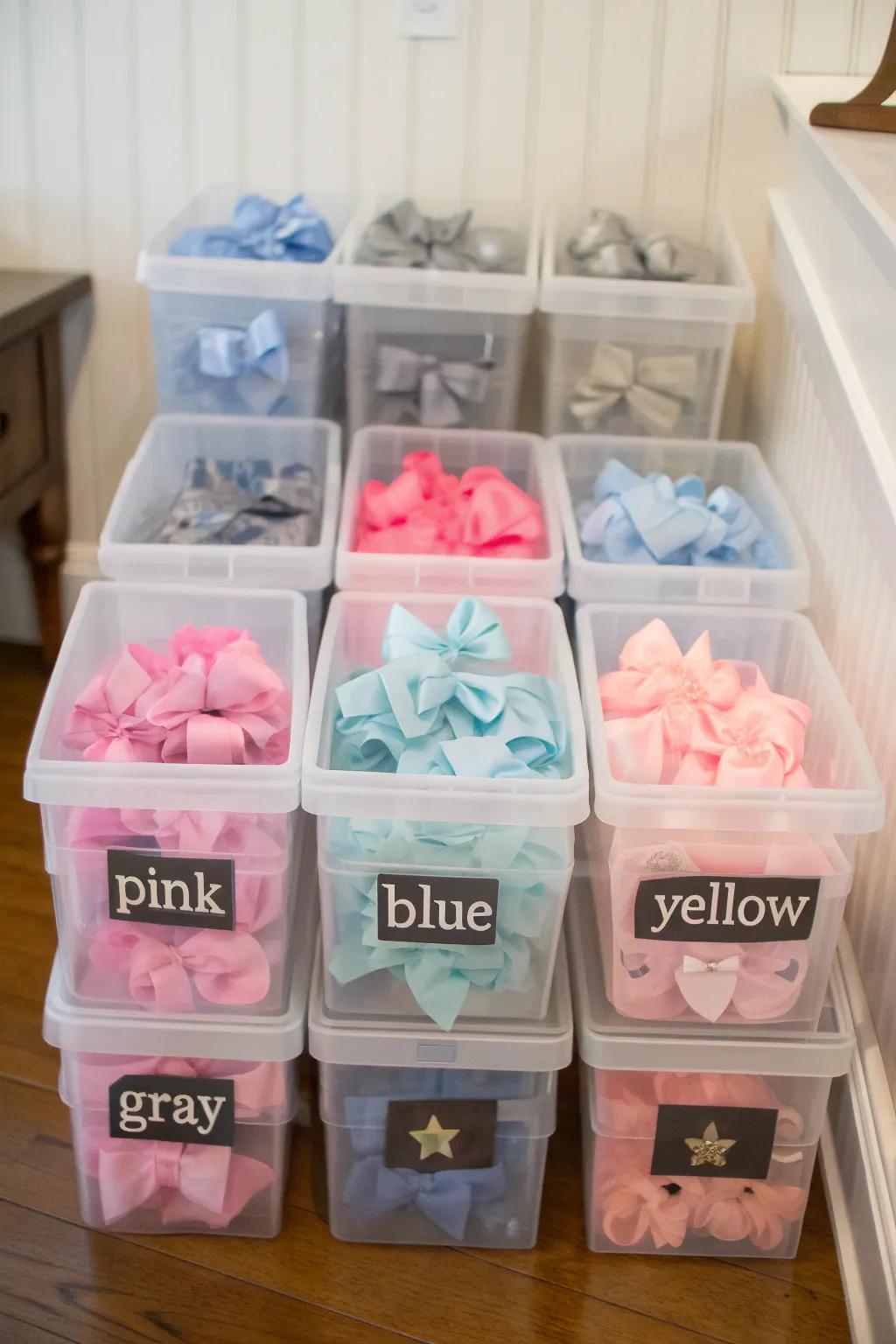 Storage with color coordination for a visually attractive arrangement.