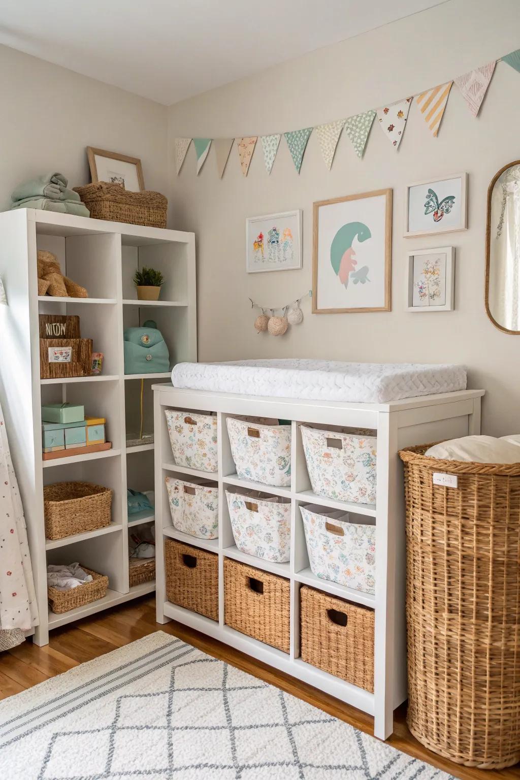 Elegant storage solutions maintain a neat and organized nursery.
