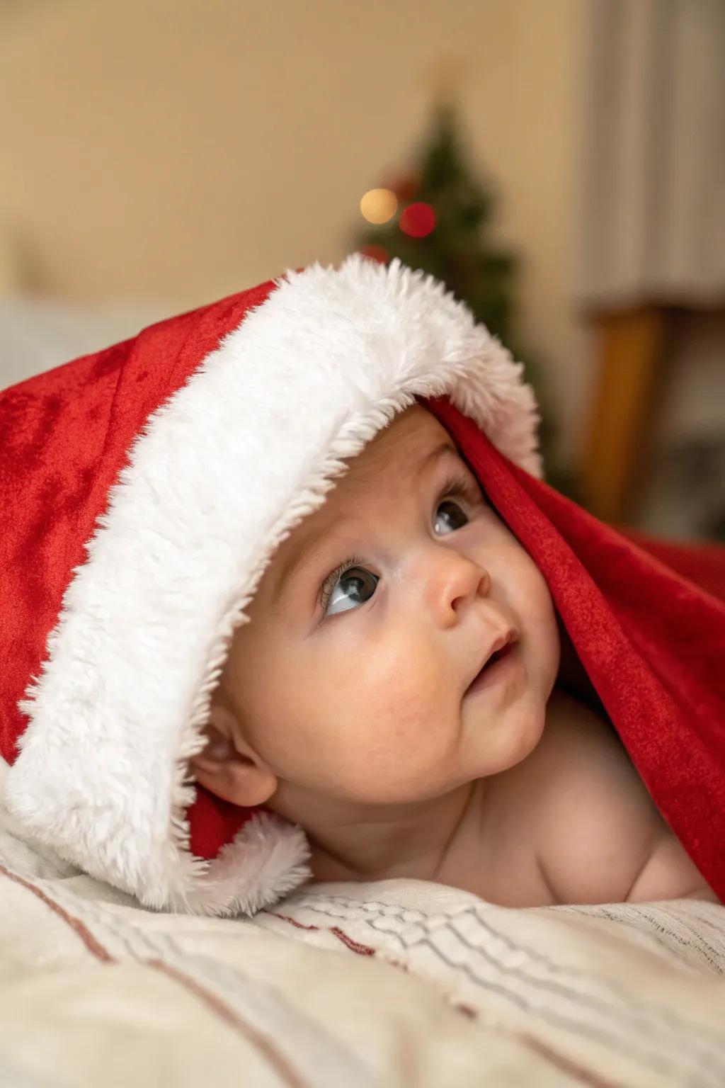 A playful peek-a-boo moment with a Santa hat.