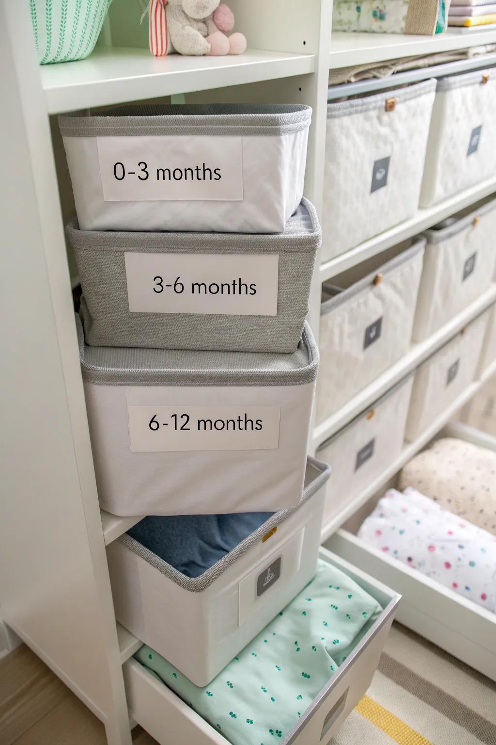 Labels bring clarity and organization to baby clothes storage.
