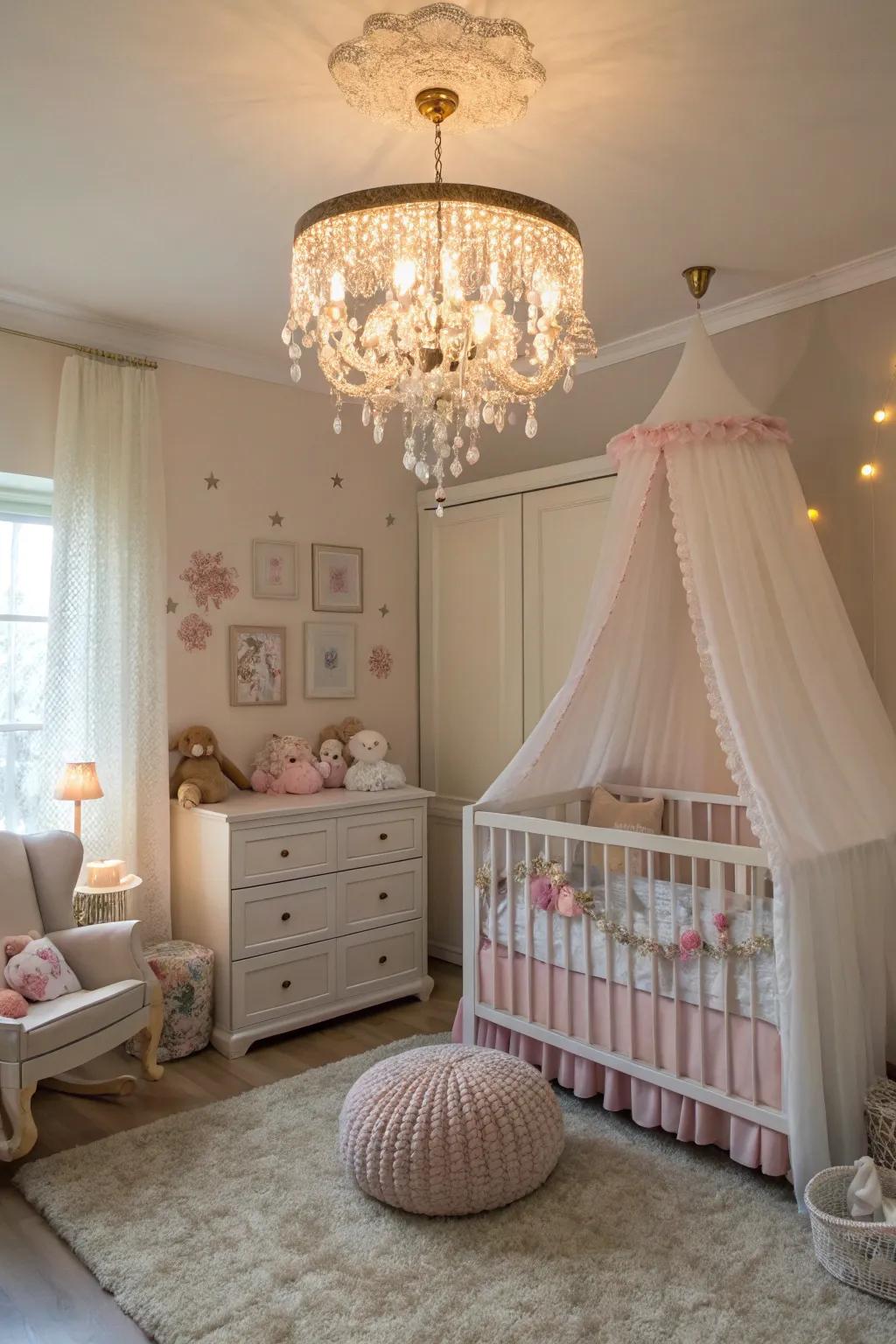 A chandelier provides elegance and warmth to the nursery.