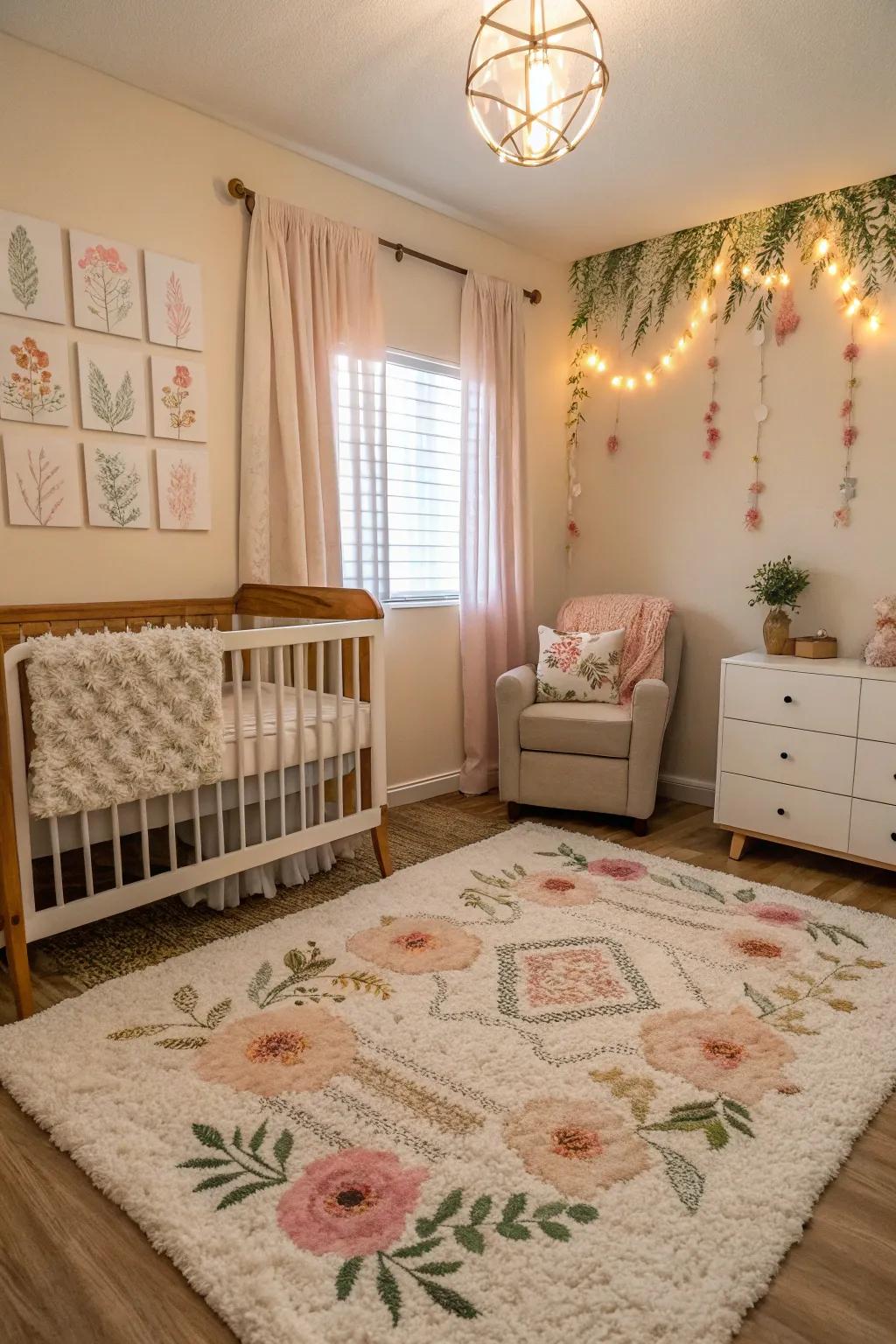 A textured rug adds comfort and warmth in the nursery.