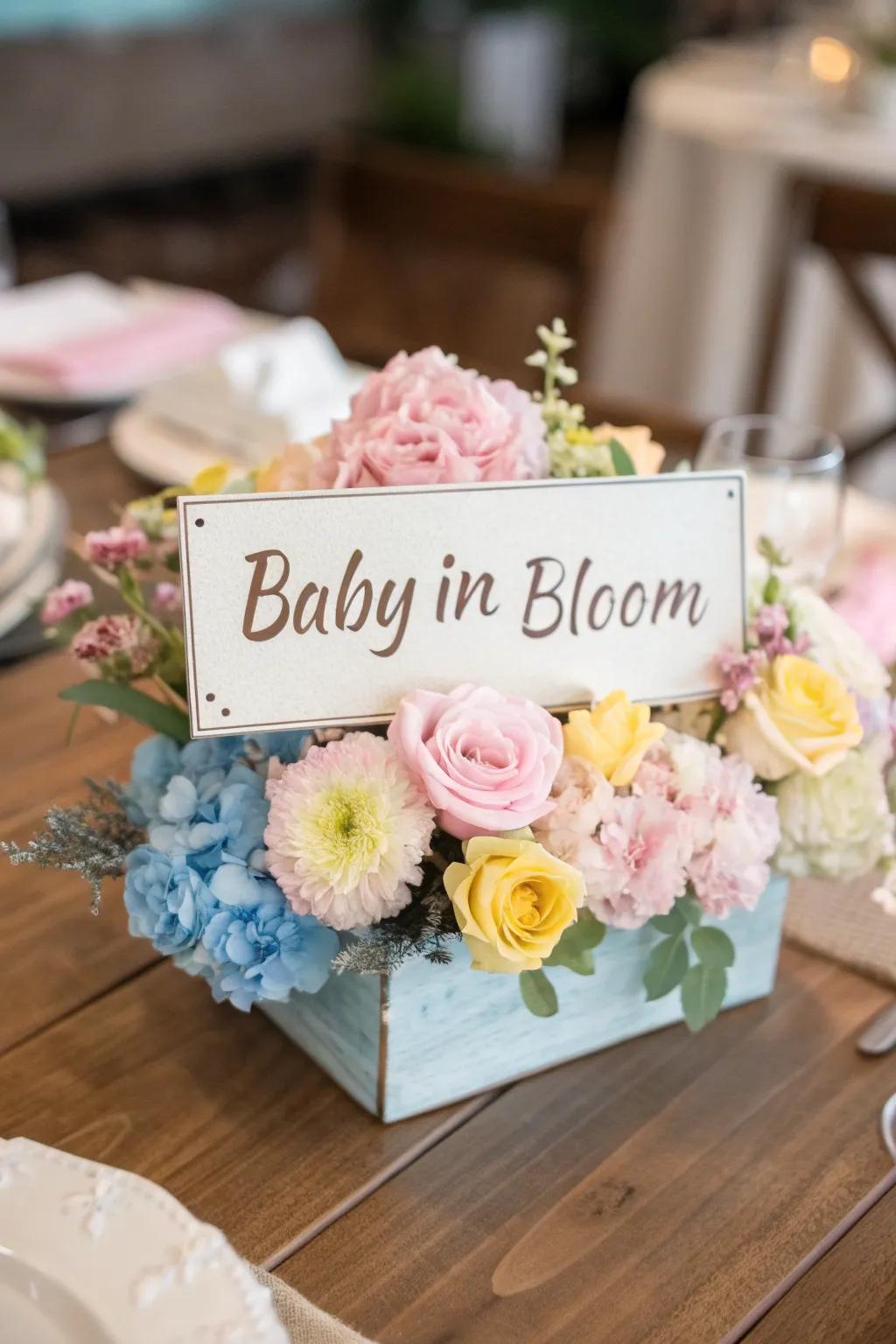 A personalized centerpiece featuring a sweet custom sign