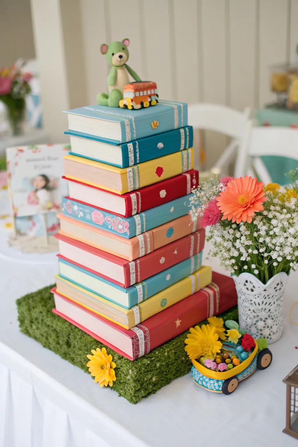 Stacked board books provide a colorful and useful display.