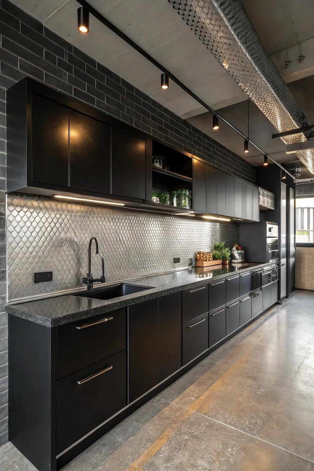 Steel splashbacks add a modern and industrial touch.