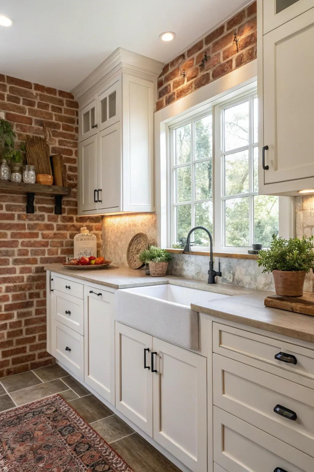 Block backsplash adds warmth and a rustic feel