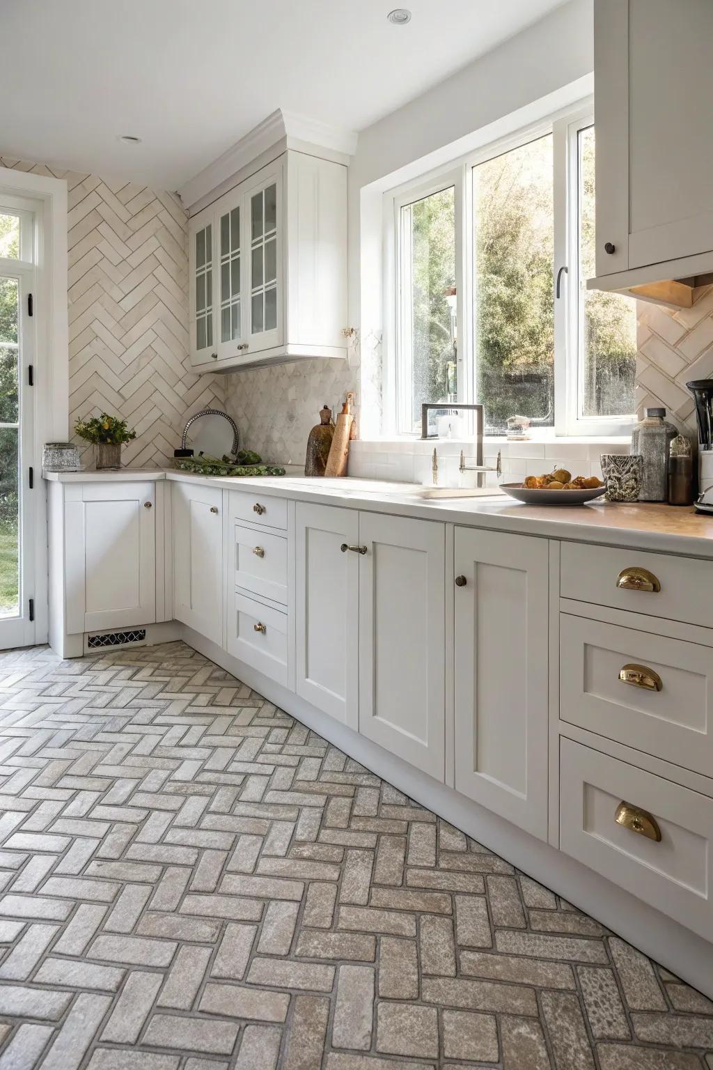 Herringbone patterns add a touch of elegance to this white kitchen.