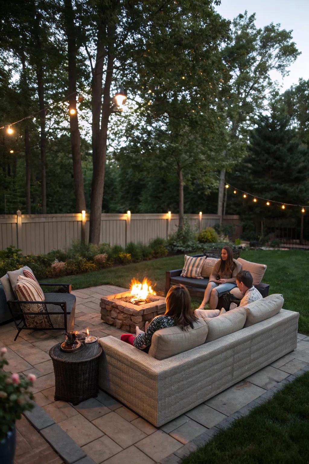 A cozy fire pit encourages guests to assemble and exchange stories under the night sky.