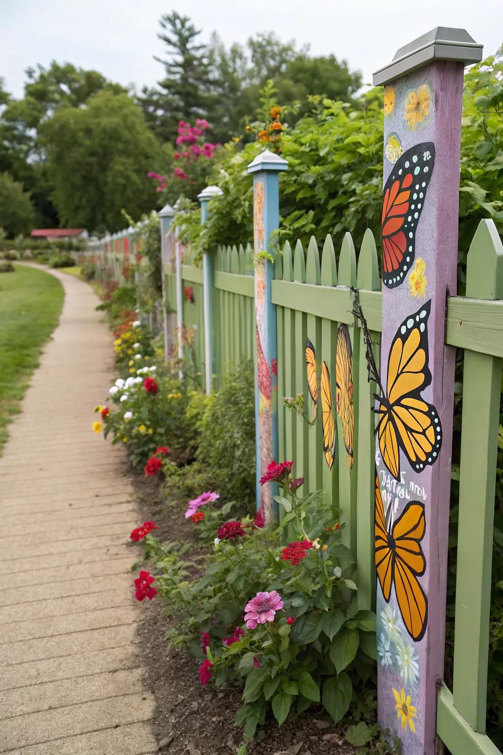 Butterflies amongst flowers enrich your backyard fence with whimsy.