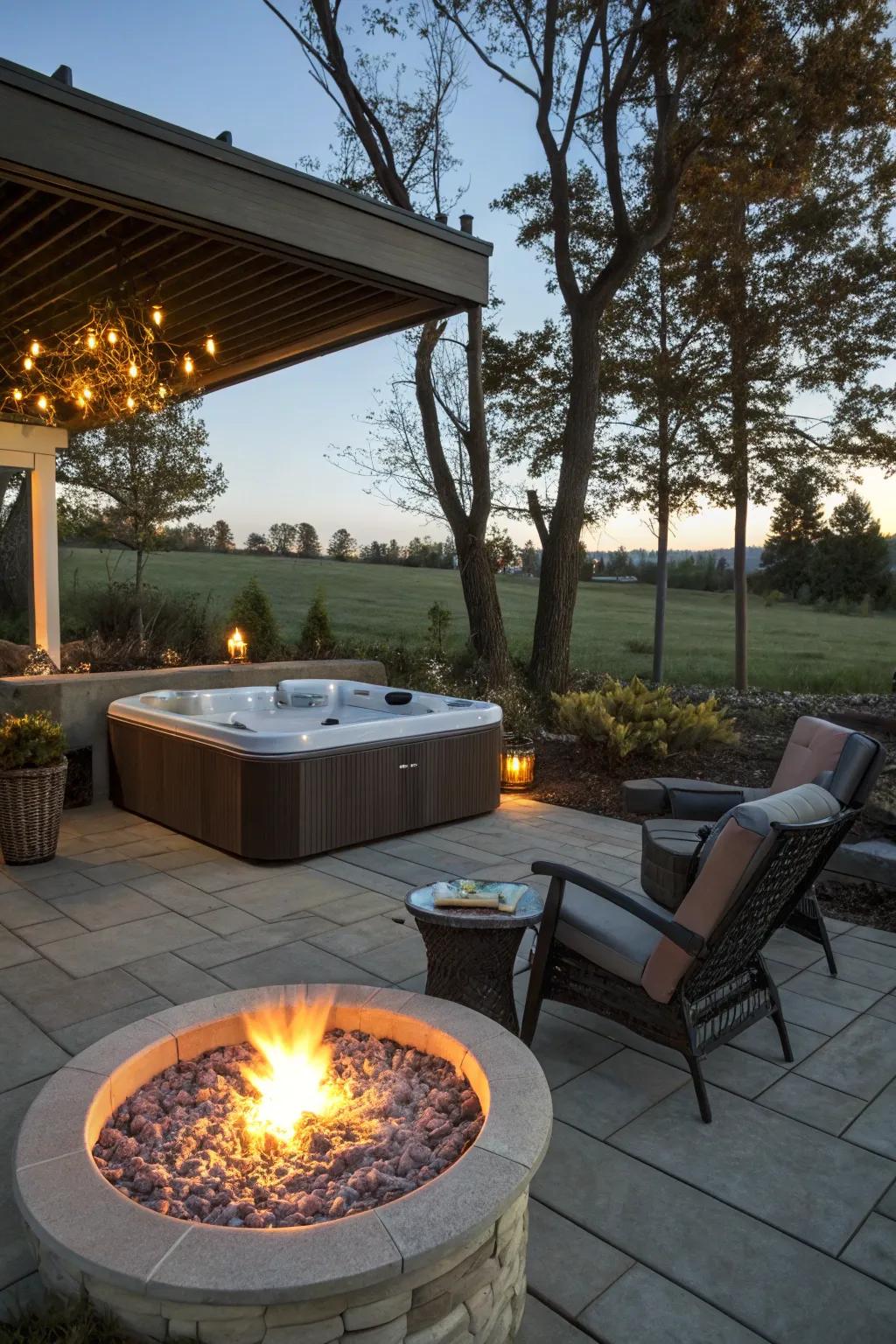 Fire elements add a cozy feel to your bubble spa evenings.