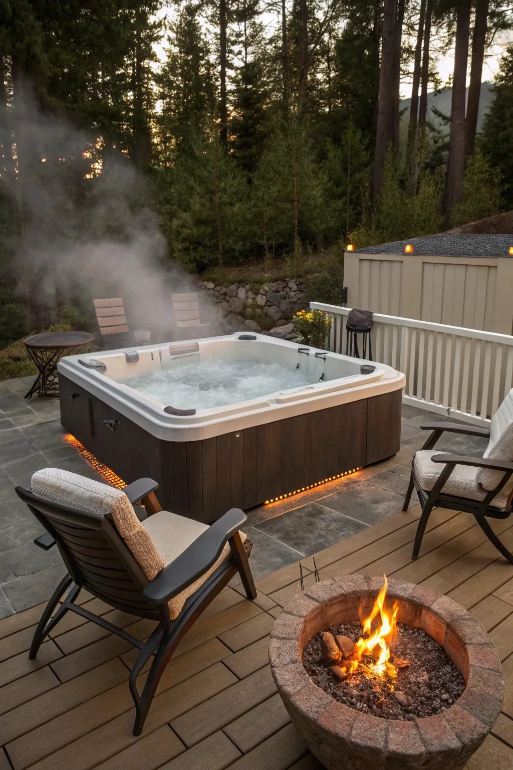 A bonfire spot adds warmth and atmosphere to any hot tub area.