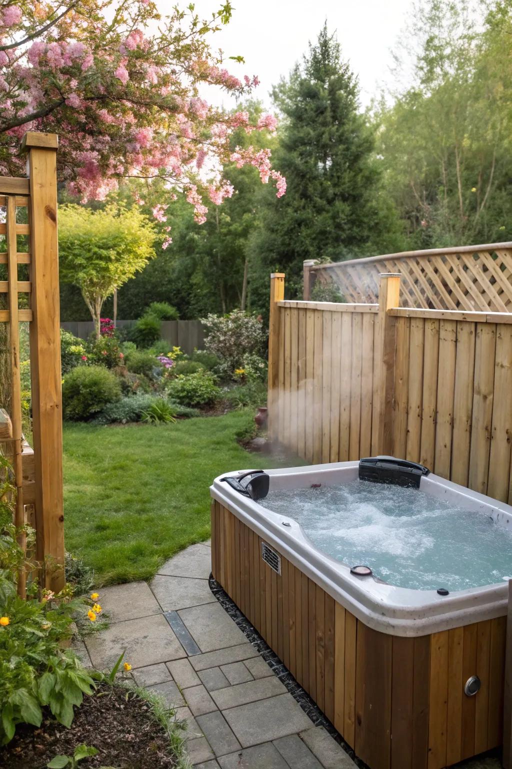 A country-style boundary beautifully complements the natural setting of a backyard hot tub.
