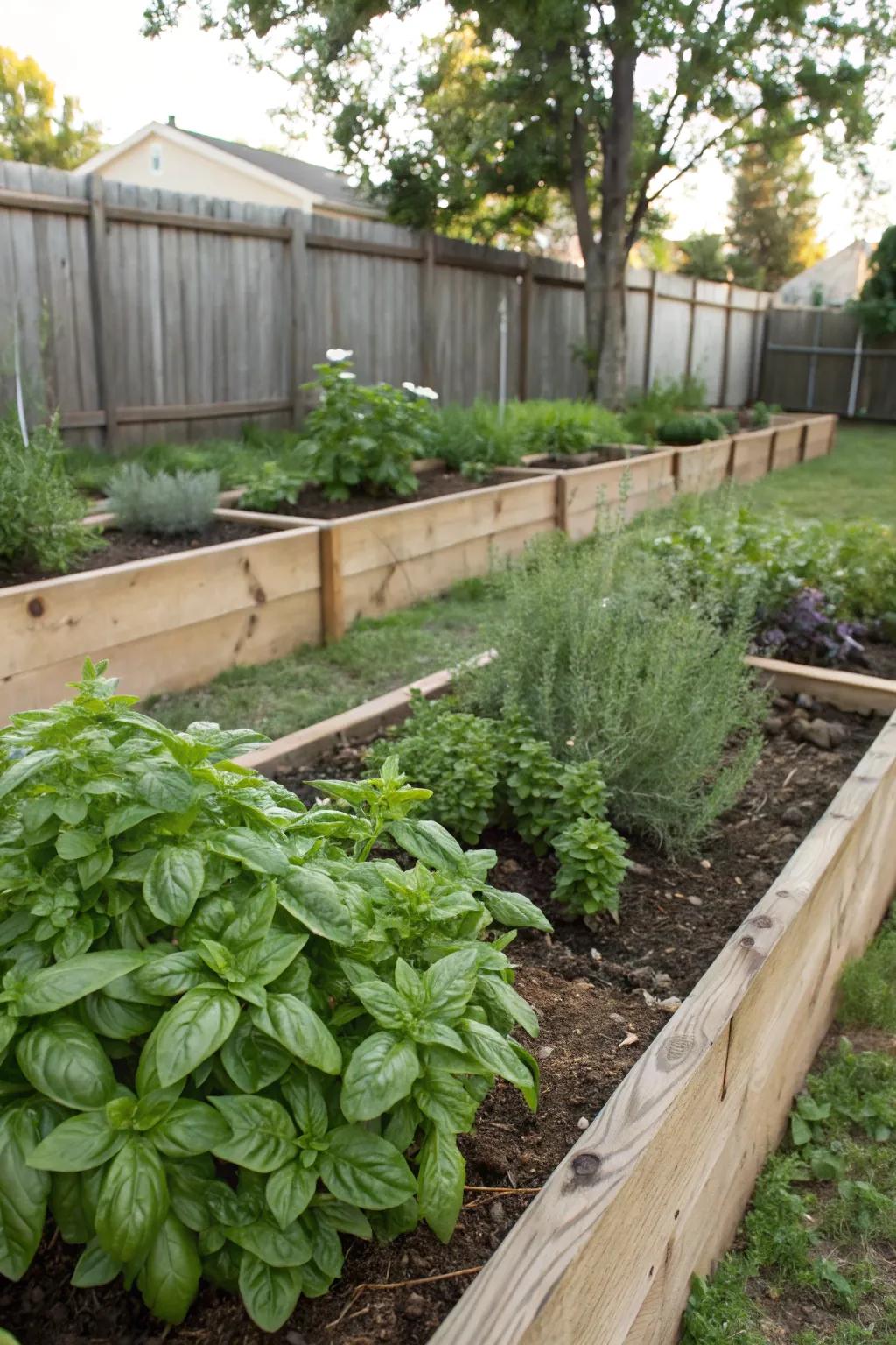 A compact herb garden provides fresh flavors and delightful fragrances.
