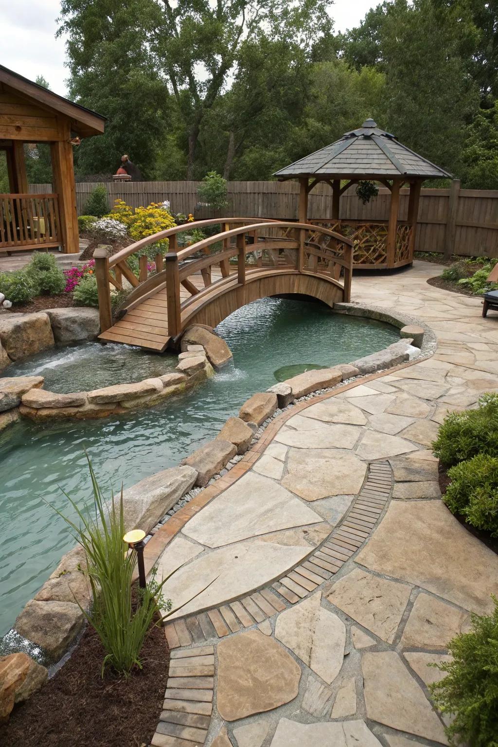 An inviting walkway over a lazy river pool, adding charm and access.