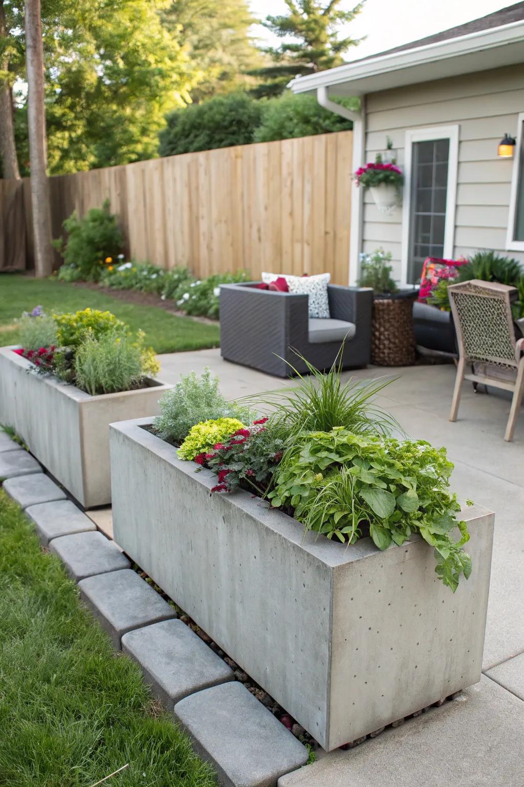 Modern concrete planters filled with lush greenery.
