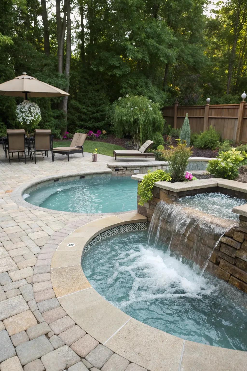 A spa outlet cascade tastefully unifies distinct aquatic aspects.