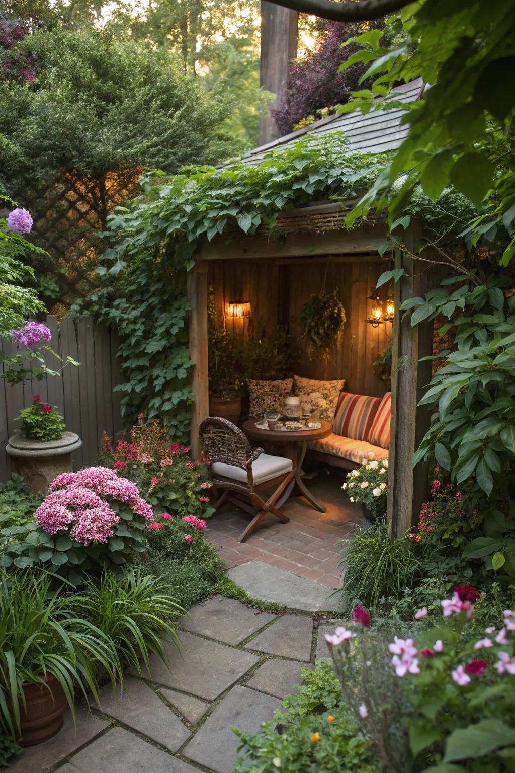 A garden nook offers privacy and tranquility.