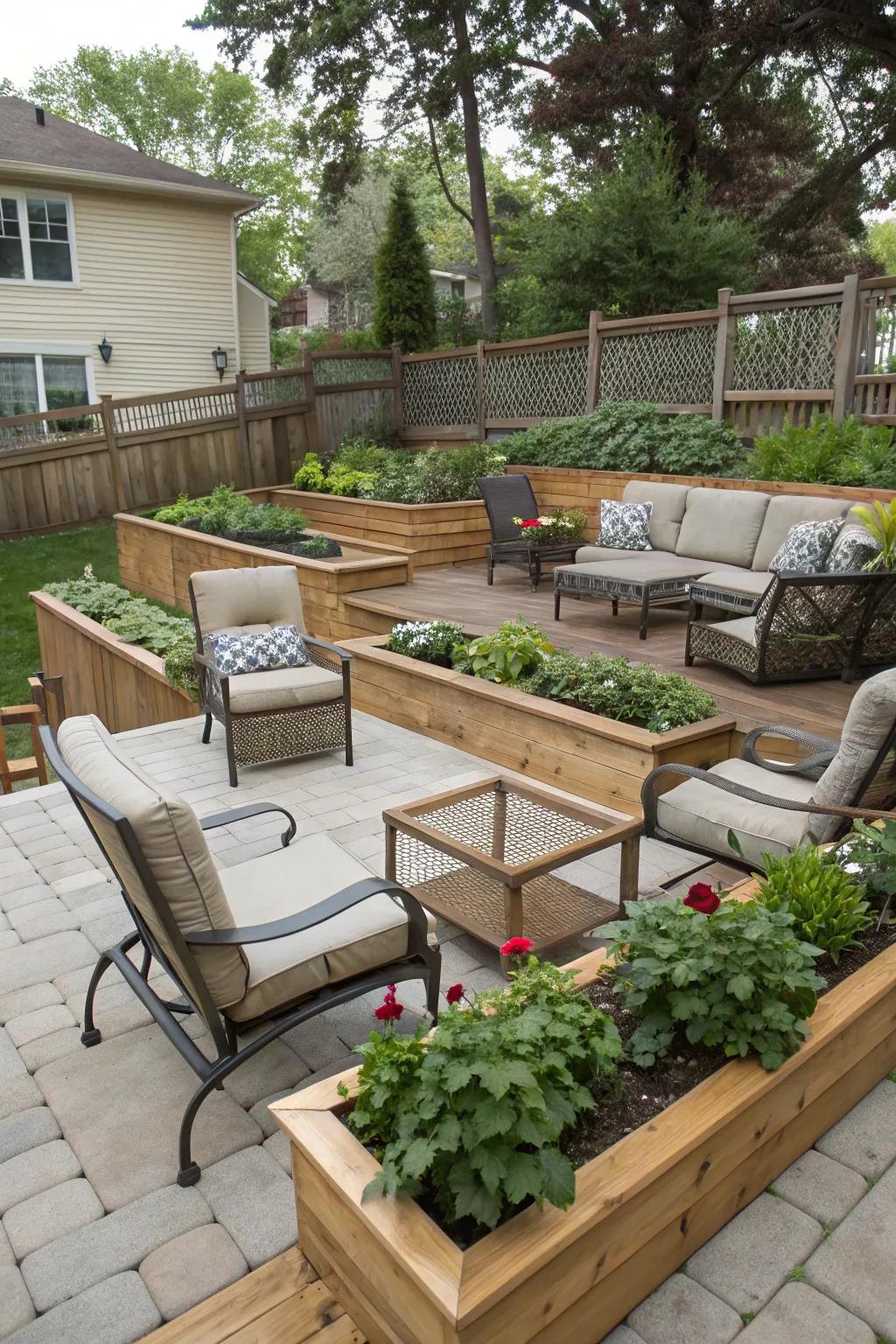 Layered greenery adds depth and intrigue to patio spaces.