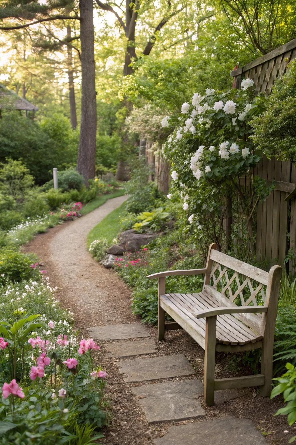 An inviting garden bench ideally situated beside a picturesque backyard trail.