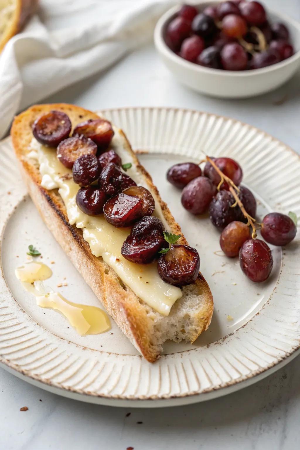 A delightful blend of cooked grapes and Soft Cheese on a baguette.
