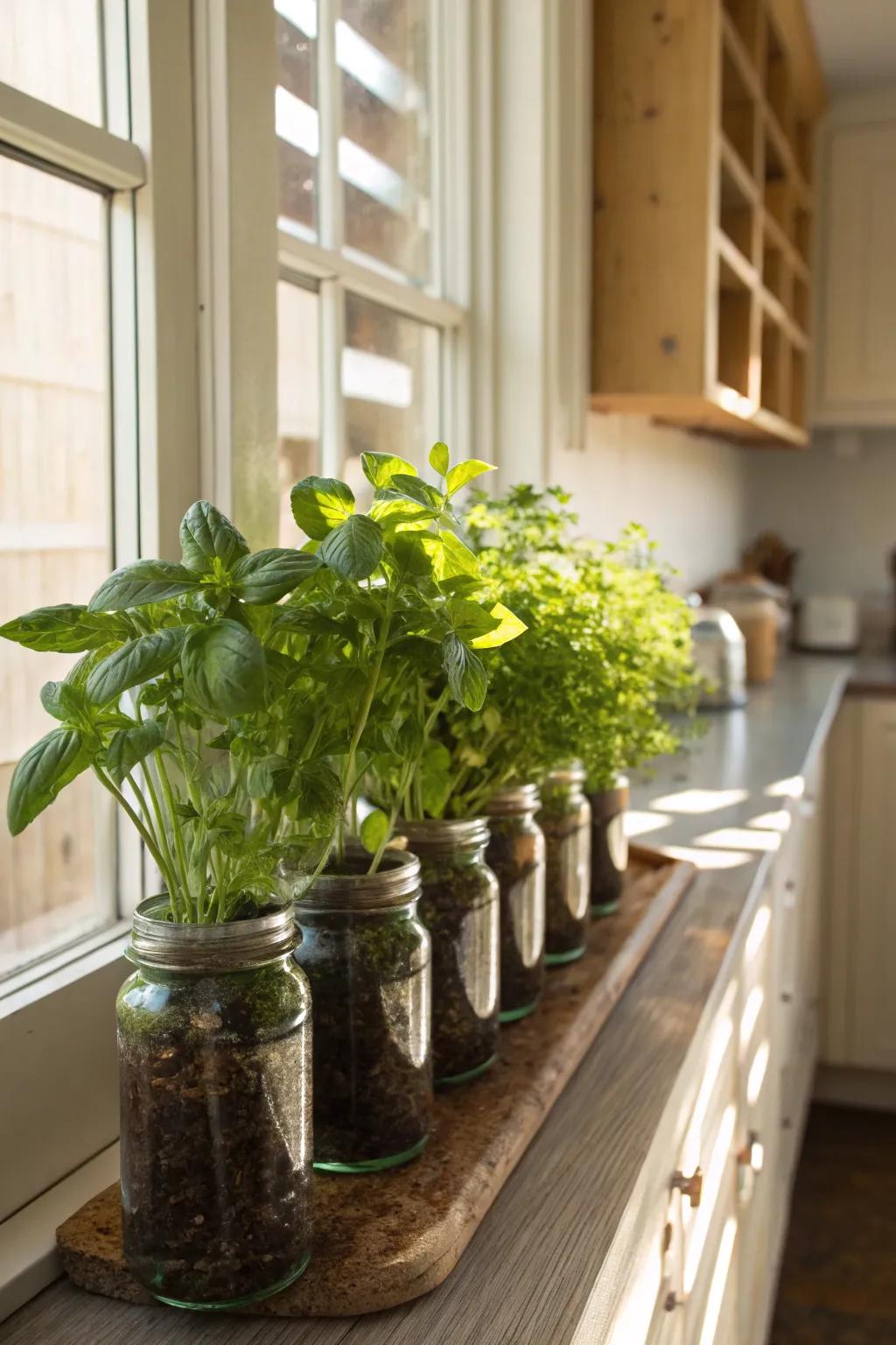 A mini herb garden using ball jars keeps fresh flavors handy.