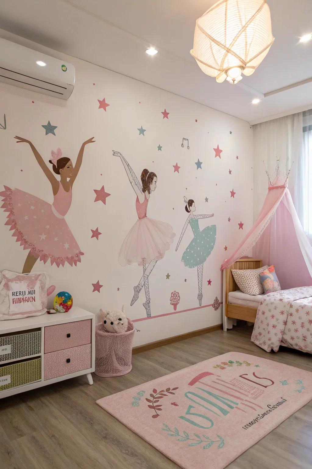 Wall stickers contribute a playful and thematic touch to the walls.