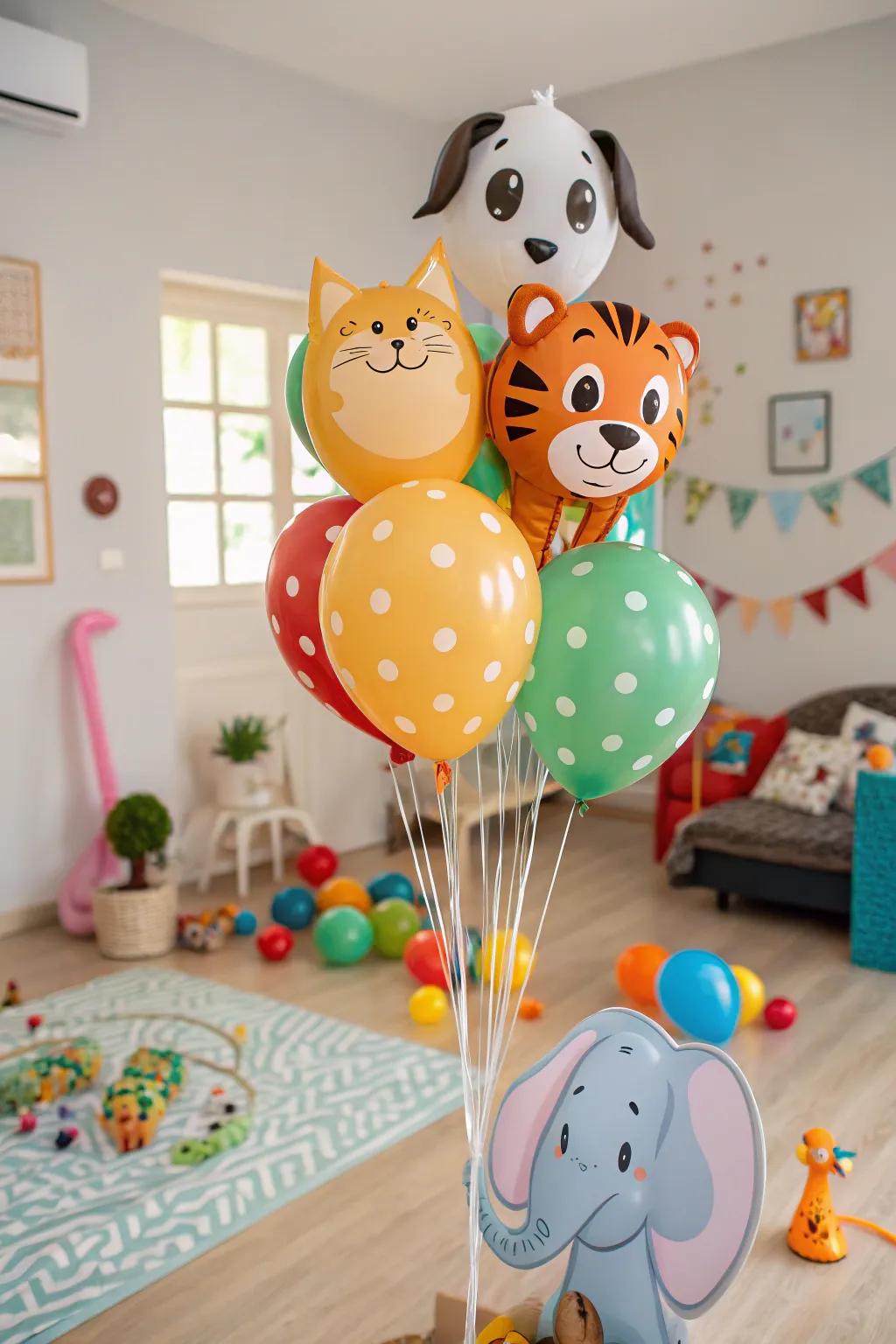 An animal-centered balloon arrangement that delivers joy to children’s festivities.