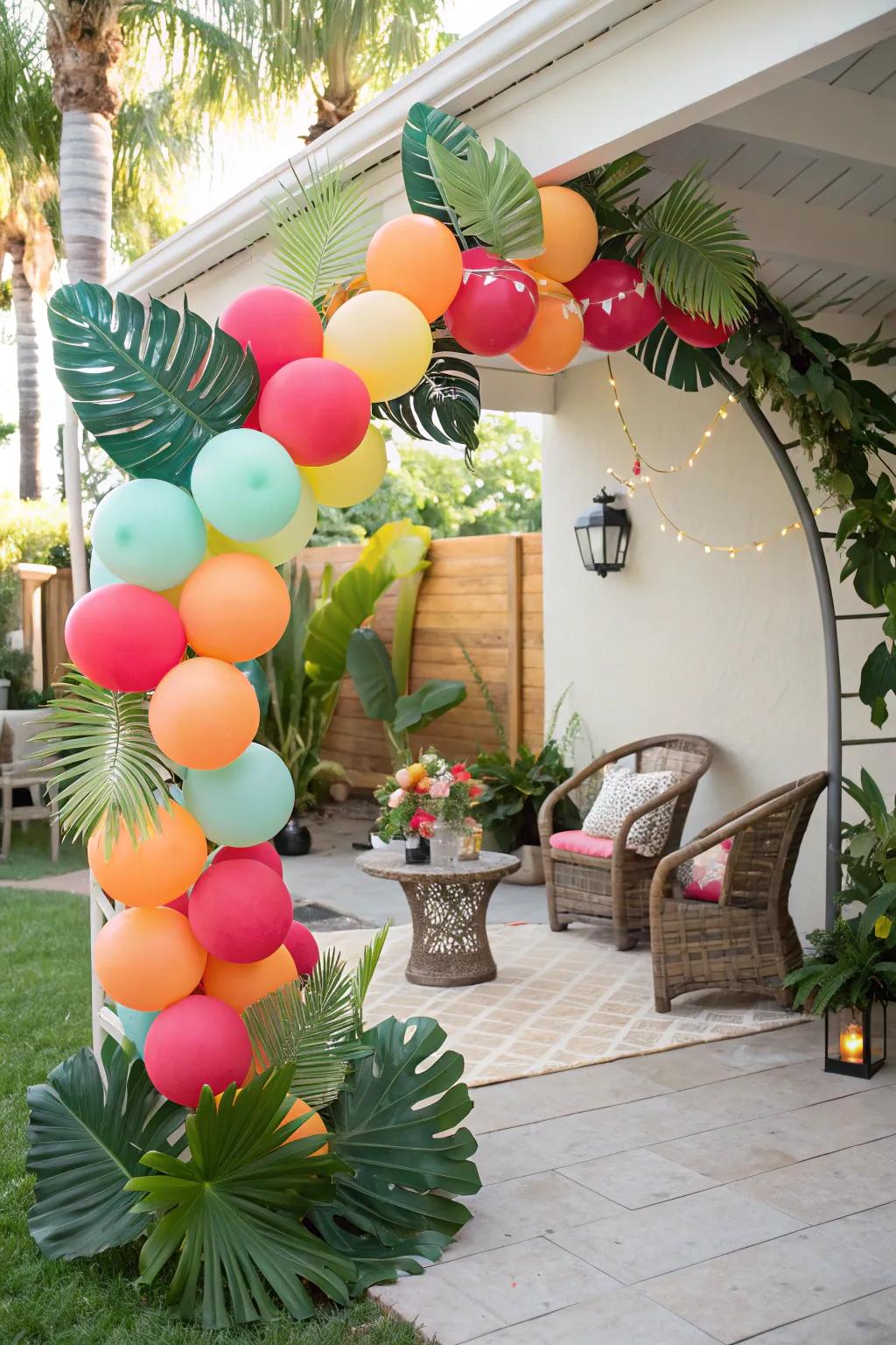 Bright colors and tropical leaves create a fun, island vibe.