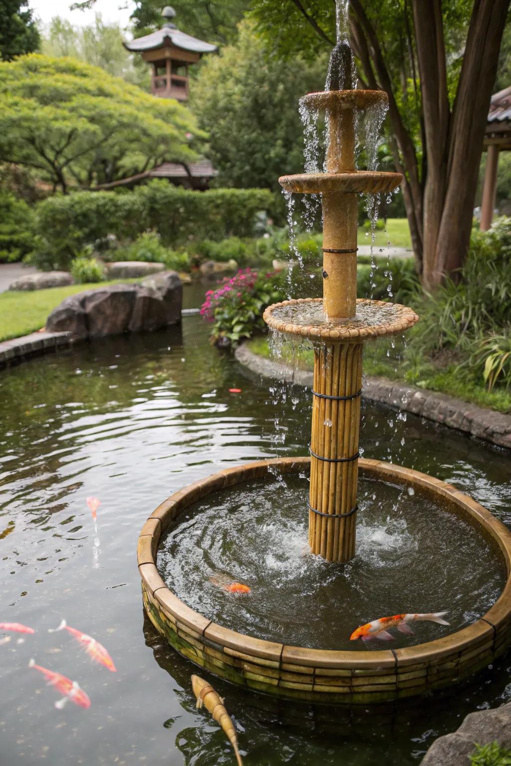 A whimsical floating bamboo fountain drifting on a serene pond.