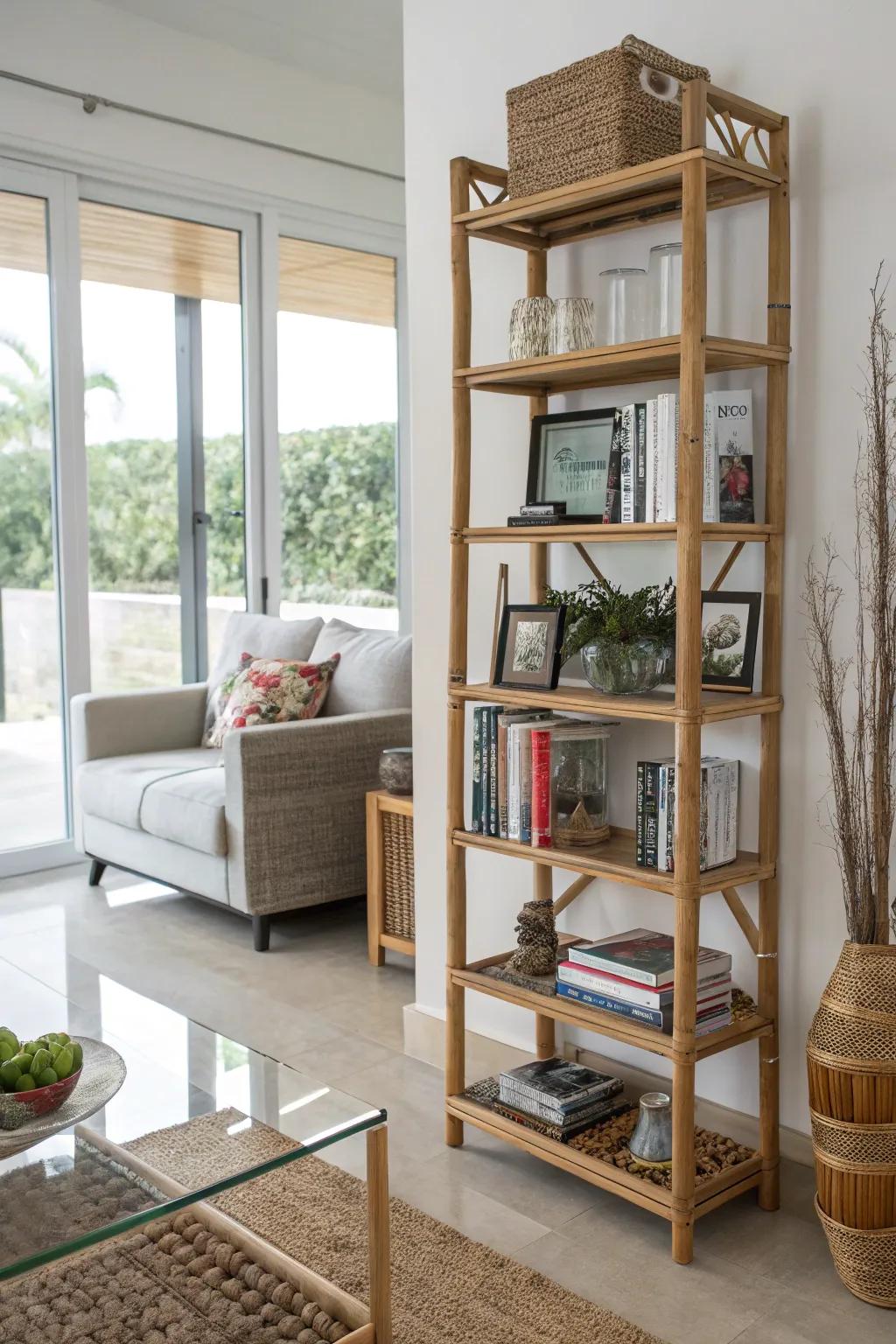 A bamboo display shelves adorned with books and decor