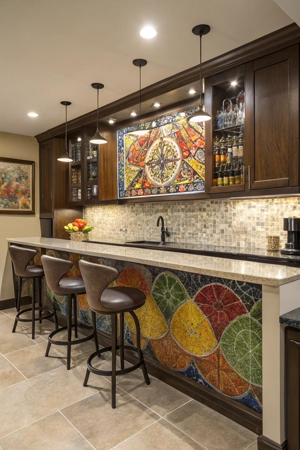A home bar highlighting an inventive design composition tile backsplash in various shades.