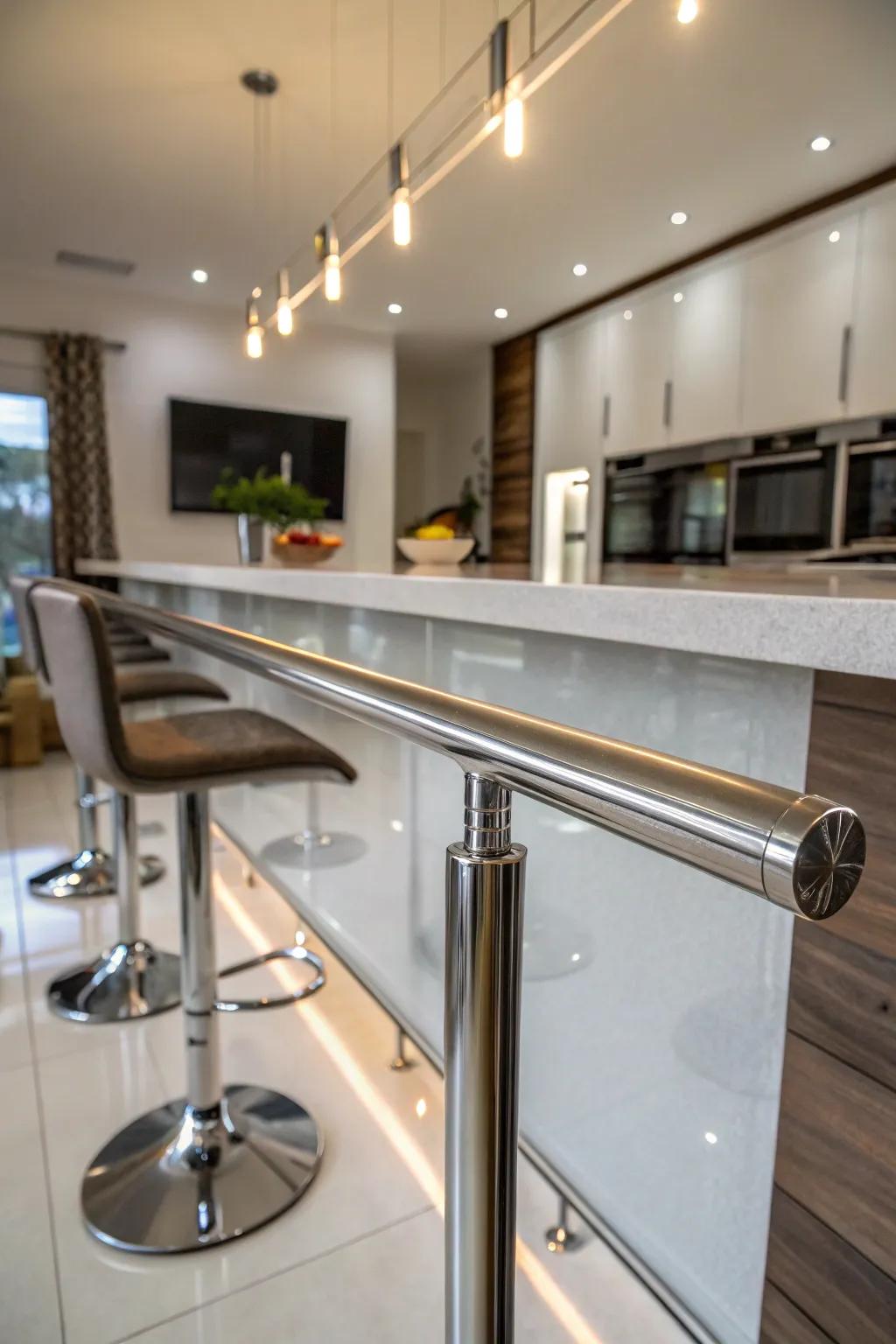 A polished metal foot rail for a contemporary and stylish look.