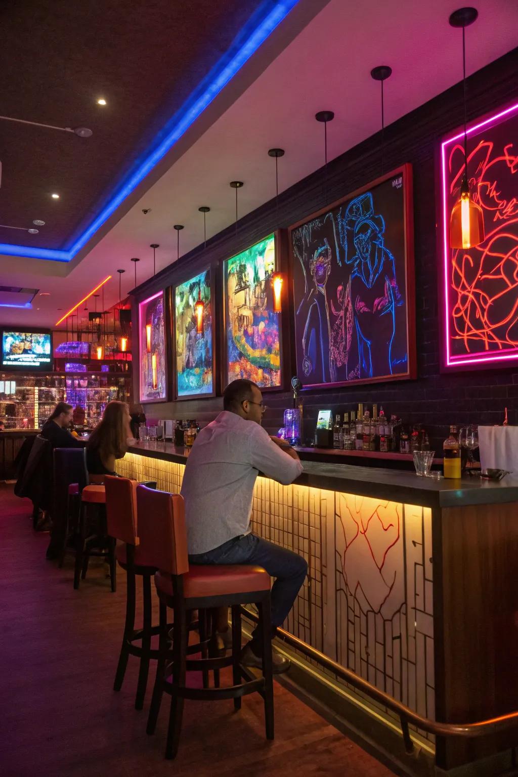 Neon-inspired art brings a lively glow to your bar.