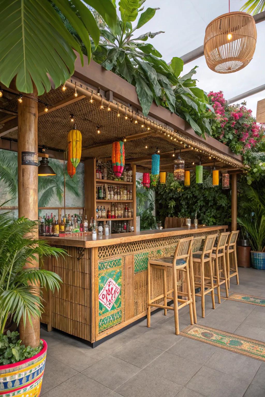 A tiki bar setup brings tropical vibes to your home.