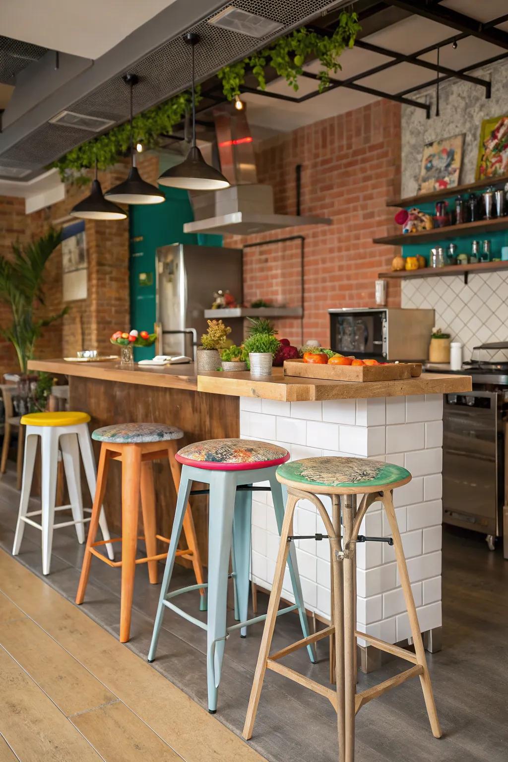 A varied mix of bar stools injecting personality.