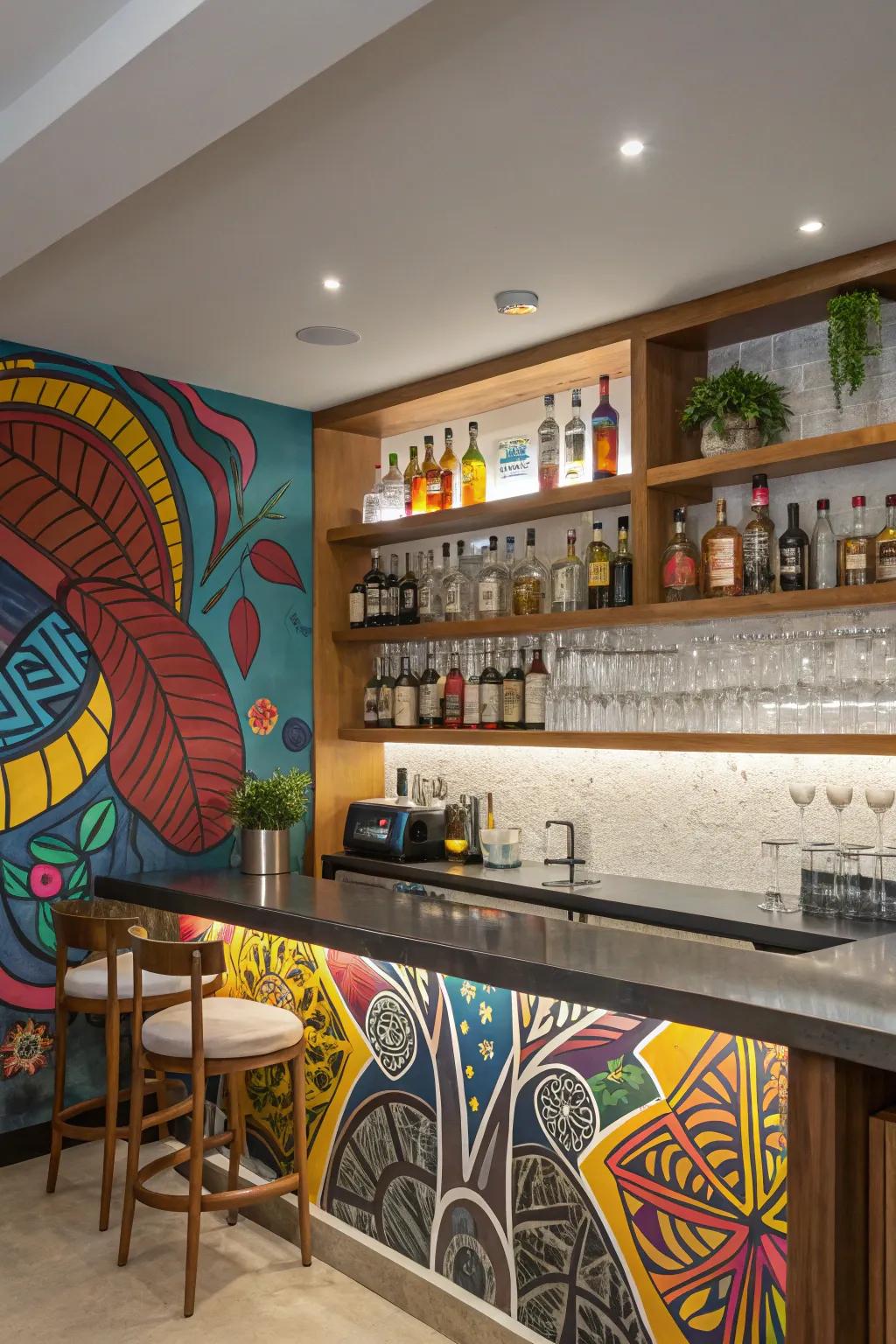 A mural backdrop imparts artistic flair and a personal touch to your bar.