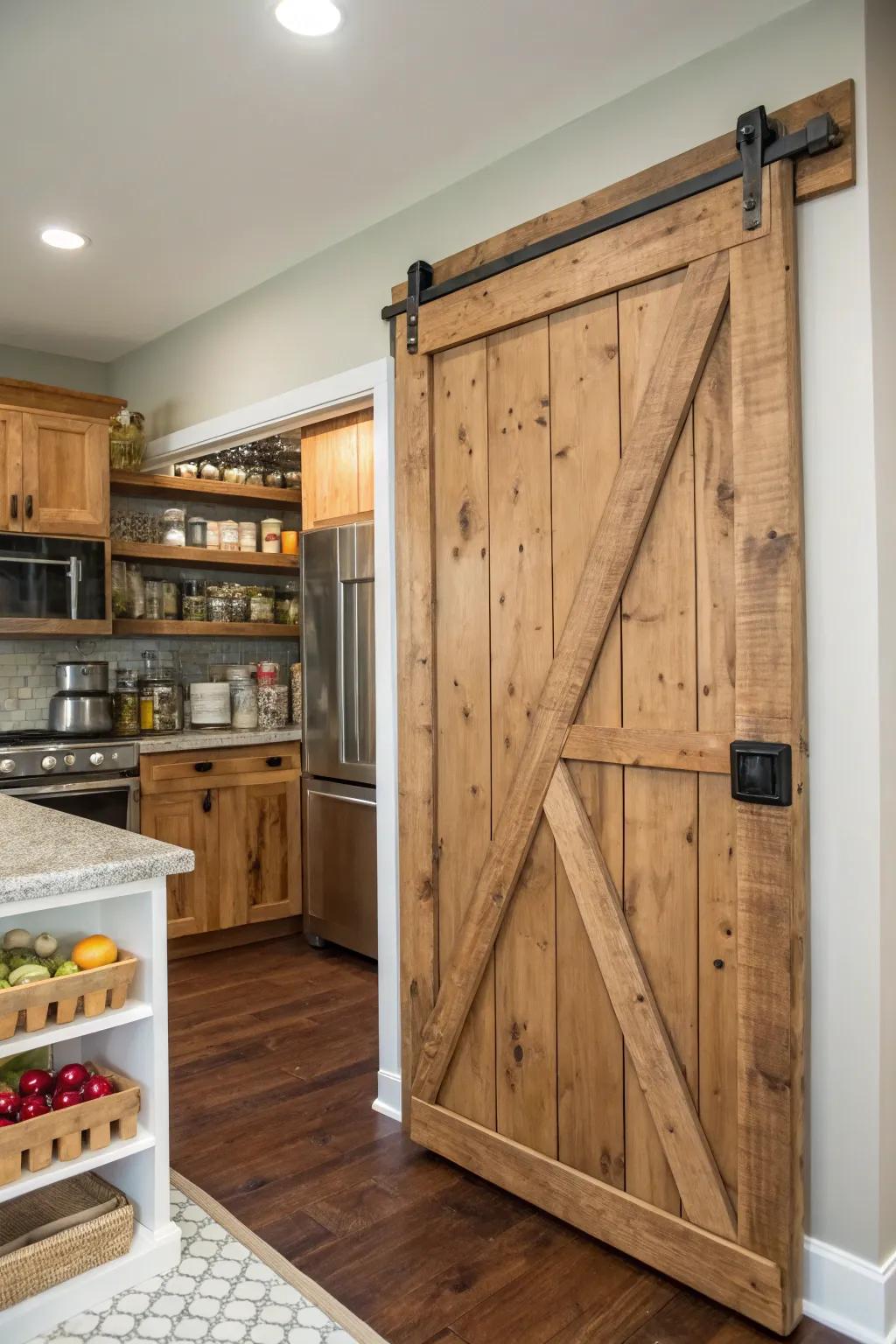 A kitchen showcasing a handcrafted sliding barn door crafted from recycled timber, serving as a pantry entrance.