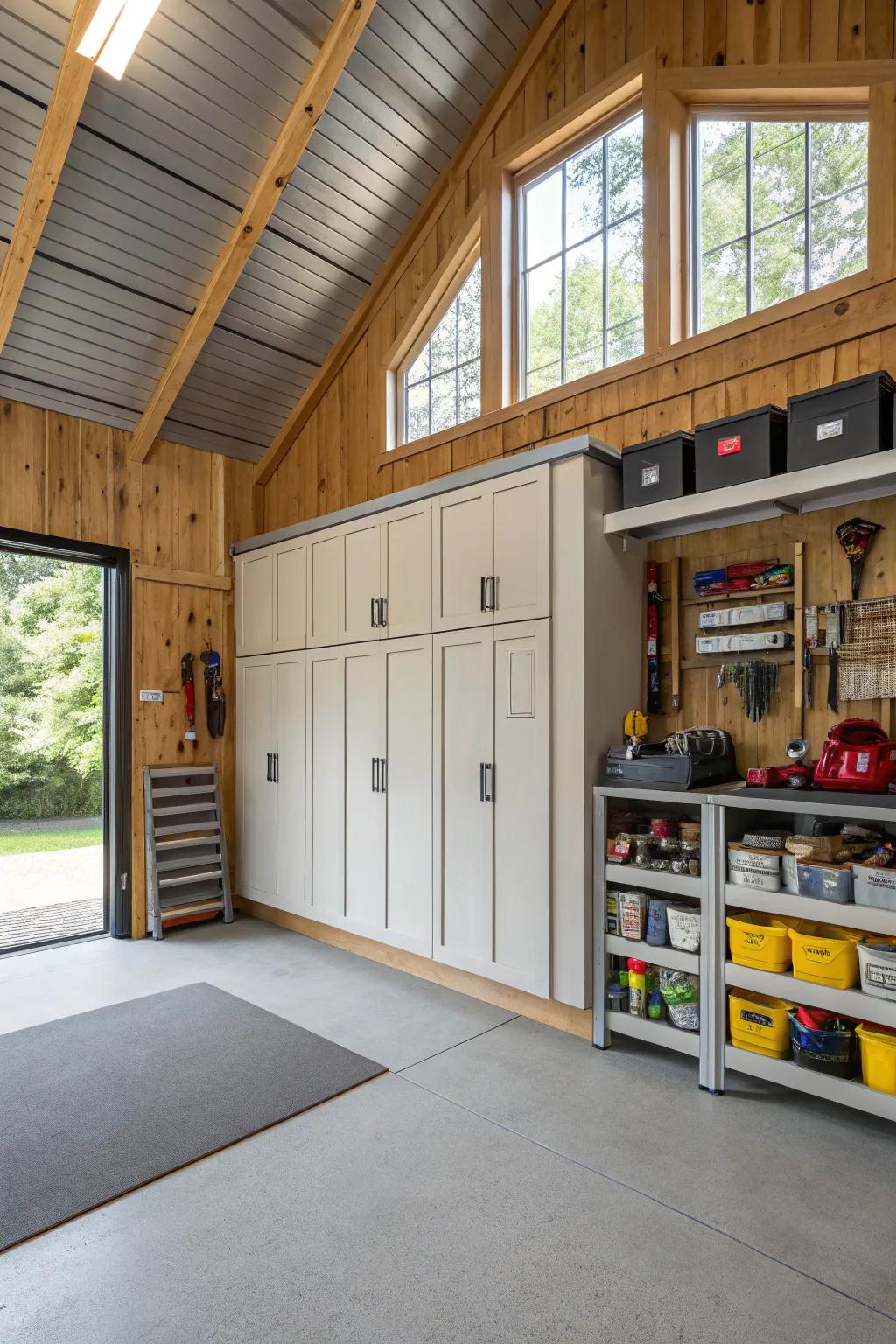 Cabinets and shelves keep the barn garage neat and tidy.