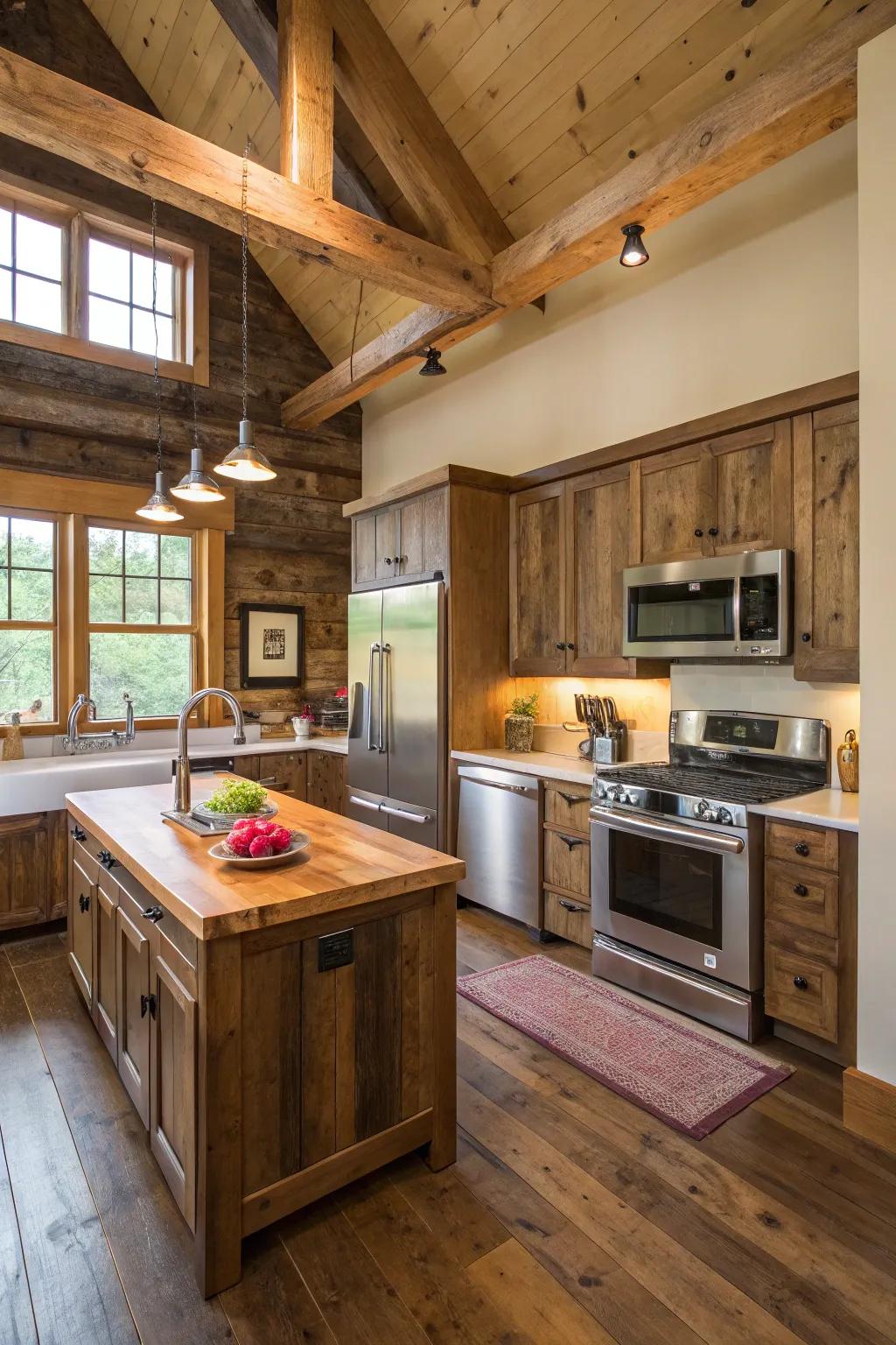 A kitchen mixing modern appliances with country wood accents.