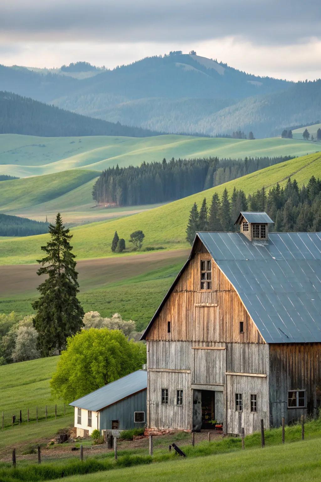 A barn displaying the creative harmony of mixed materials in its siding.