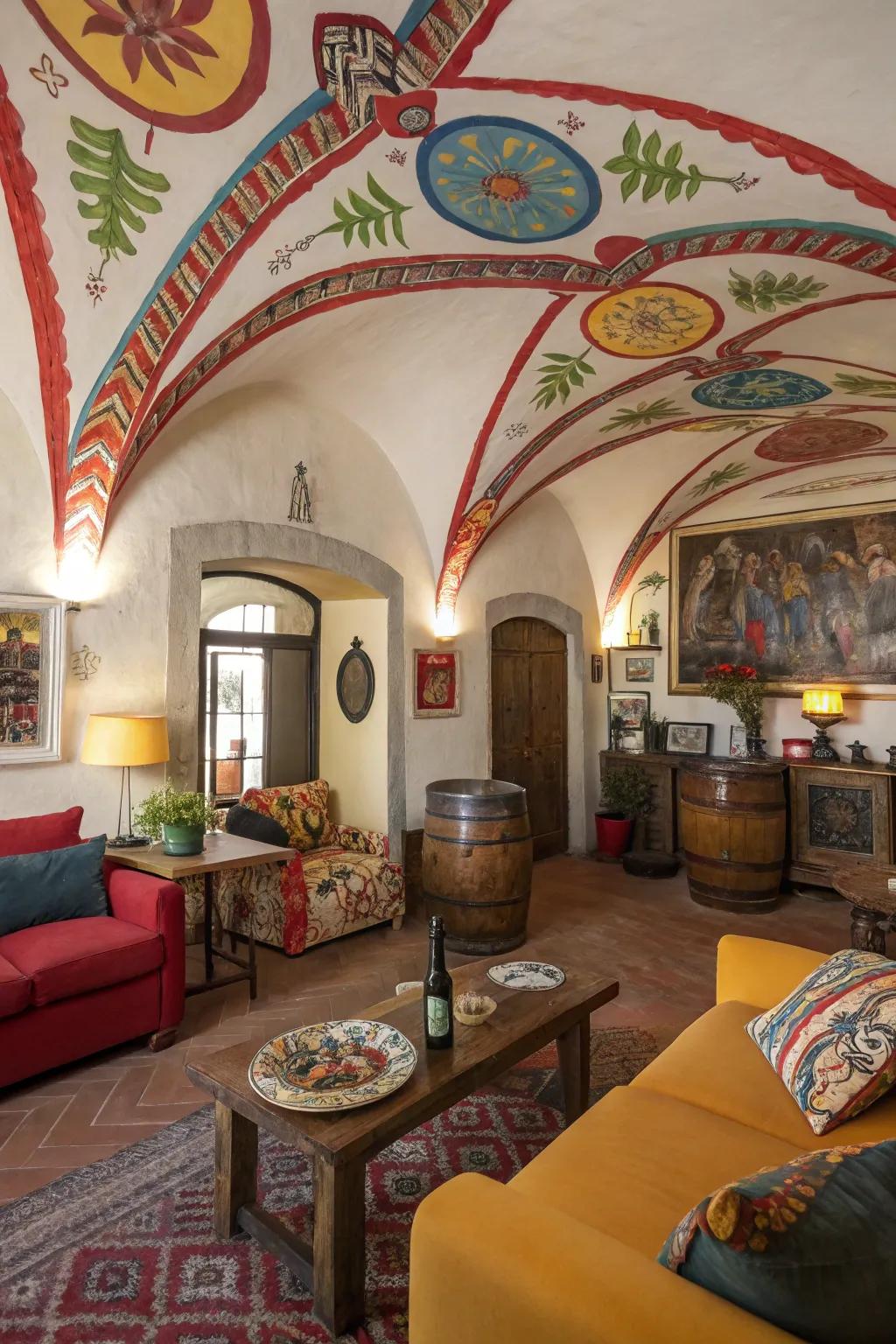 An artistic living area featuring a colorful painted vaulted ceiling.