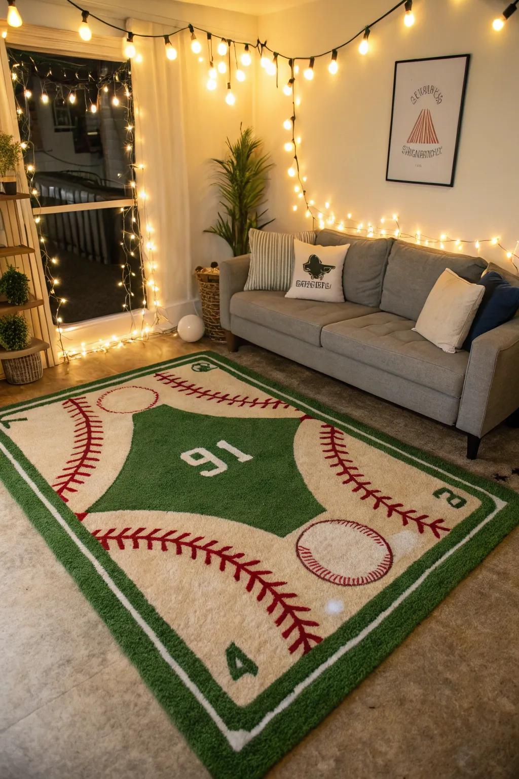 Finalize the aesthetic with a baseball-themed rug.