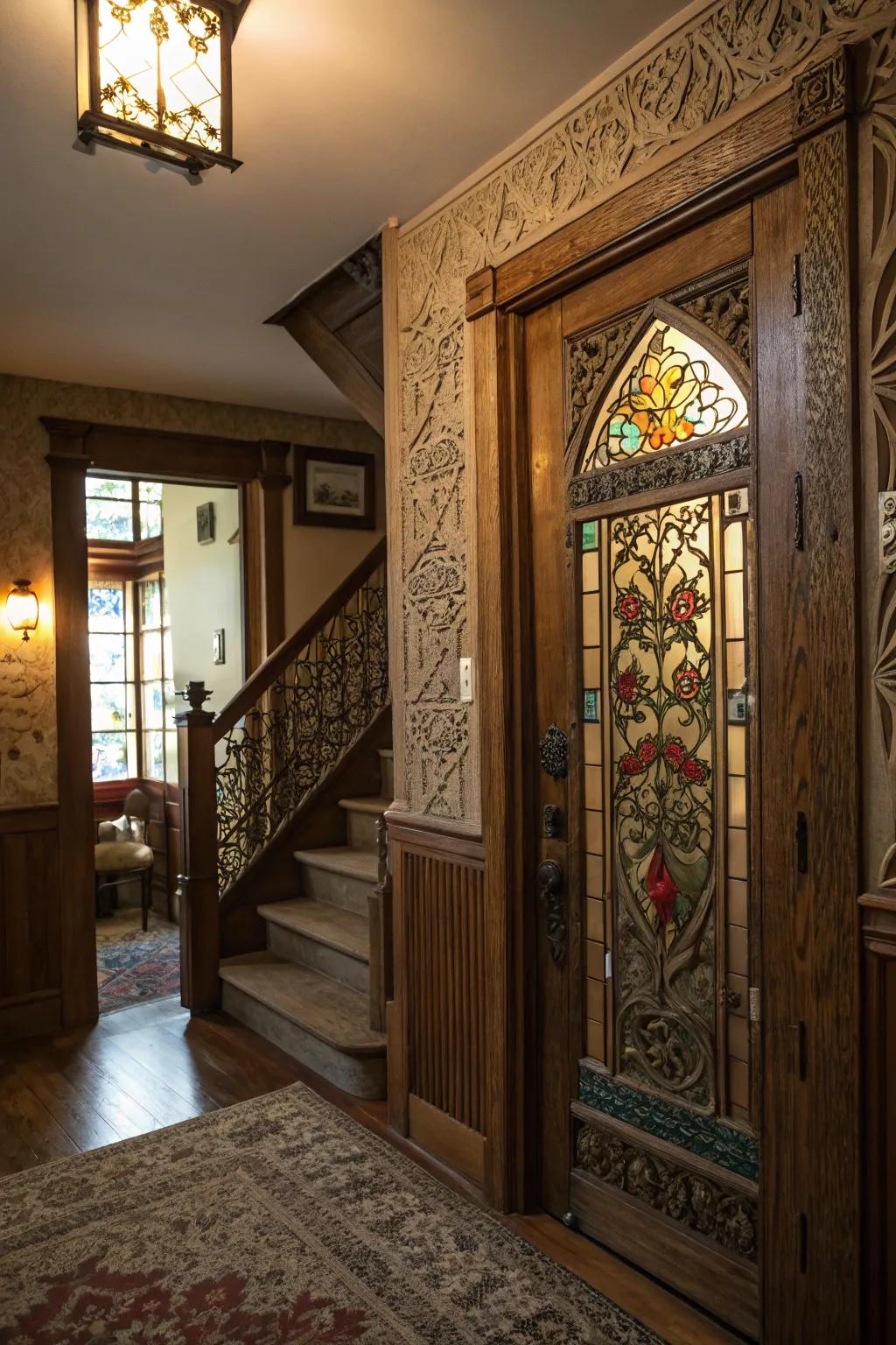 Ornamental details on a basement door enhance character and sophistication.