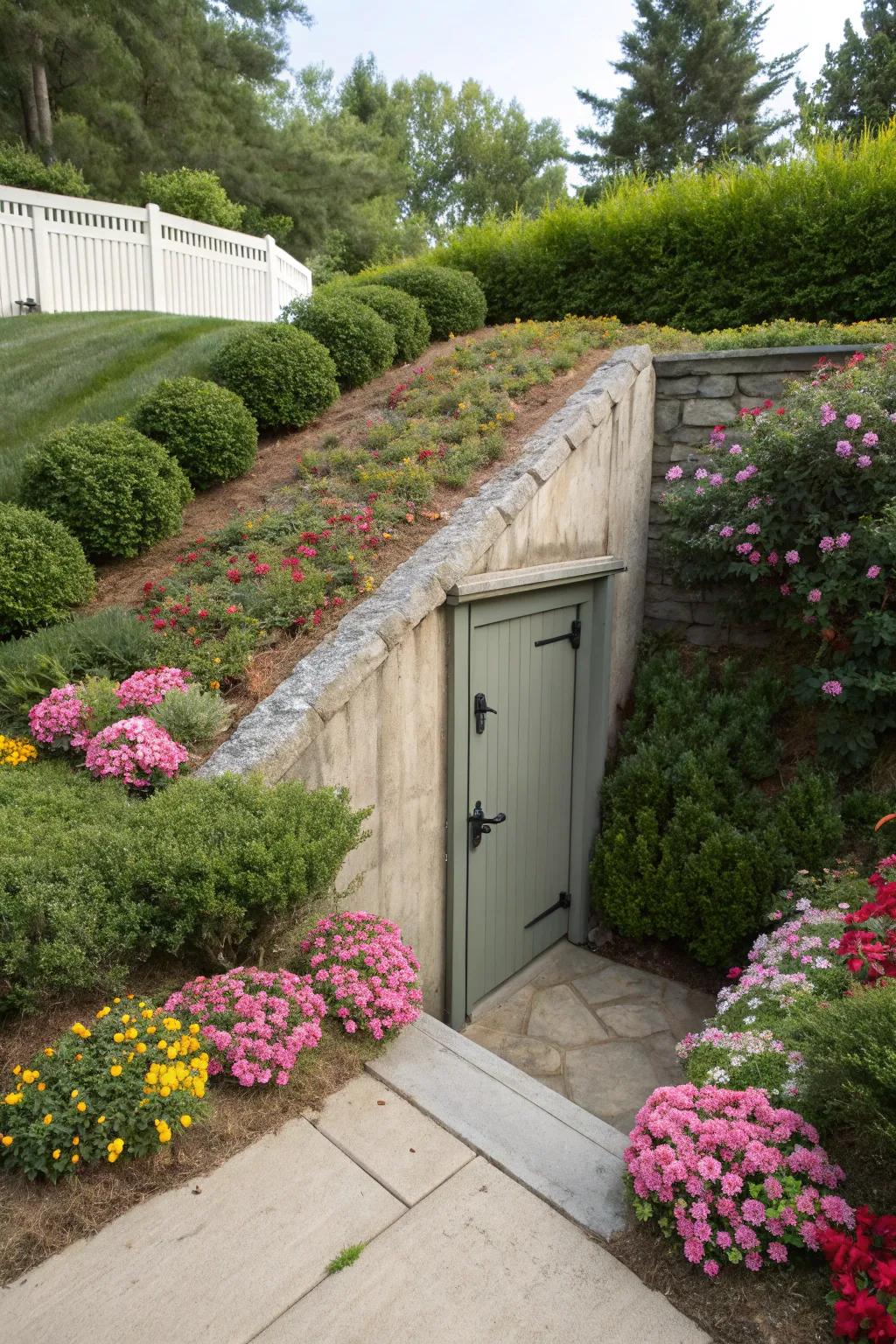 Creative landscaping around the egress door enhances the entrance's aesthetic appeal.