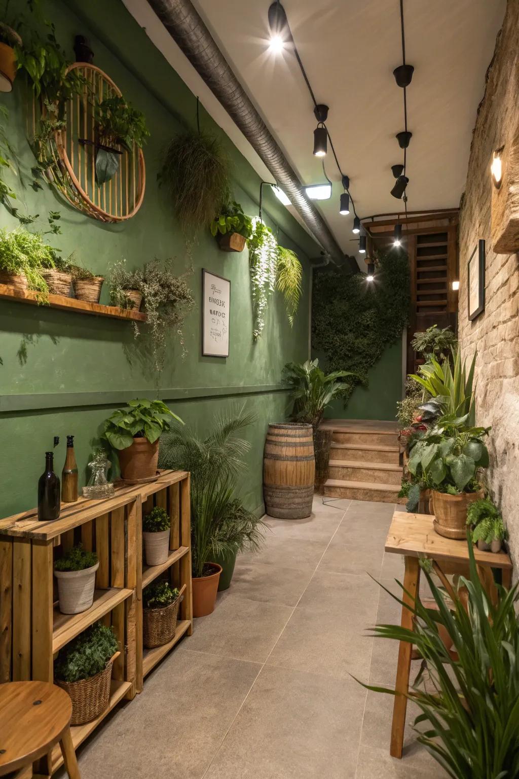Walls that are earthy green bring nature inside.