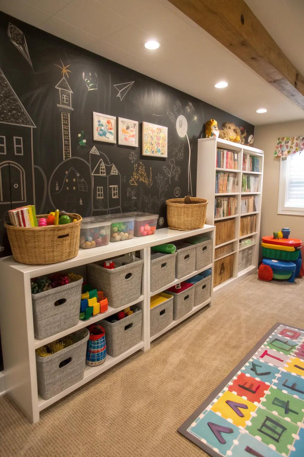 A vibrant basement playroom with colorful decor and a chalkboard wall.